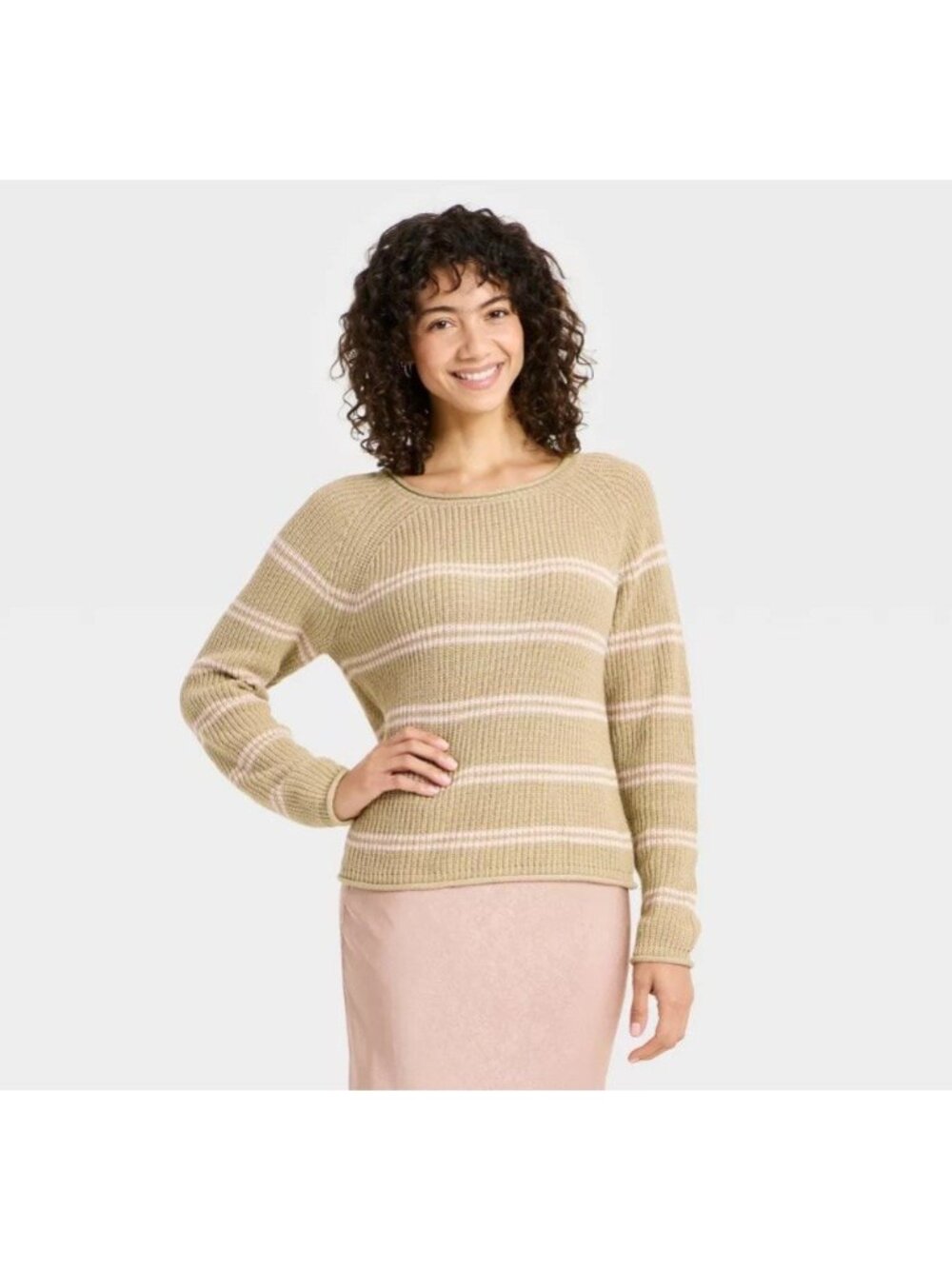 A New Day Women's Beige Pink Striped Pullover Knit Sweater Tan S Small NWT